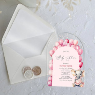 Roze Meisje's Olifant & Balloon Baby shower Acryl Uitnodigingen