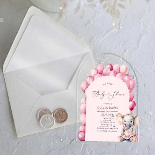 Roze Meisje's Olifant & Balloon Baby shower Acryl Uitnodigingen