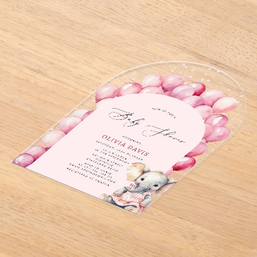 Roze Meisje's Olifant & Balloon Baby shower Acryl Uitnodigingen (Laagn)
