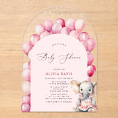 Roze Meisje's Olifant & Balloon Baby shower Acryl Uitnodigingen (Voorkant)