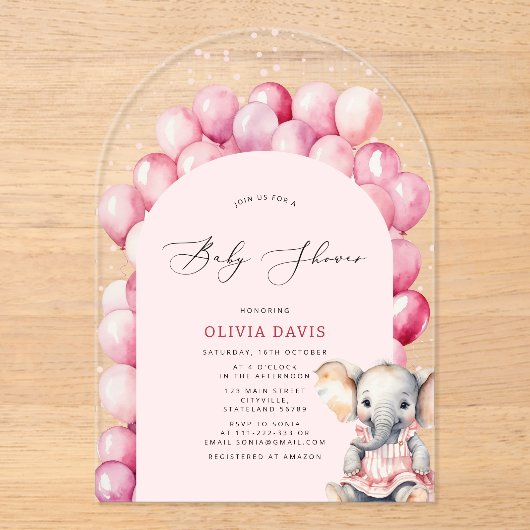 Roze Meisje's Olifant & Balloon Baby shower Acryl Uitnodigingen (Voorkant)