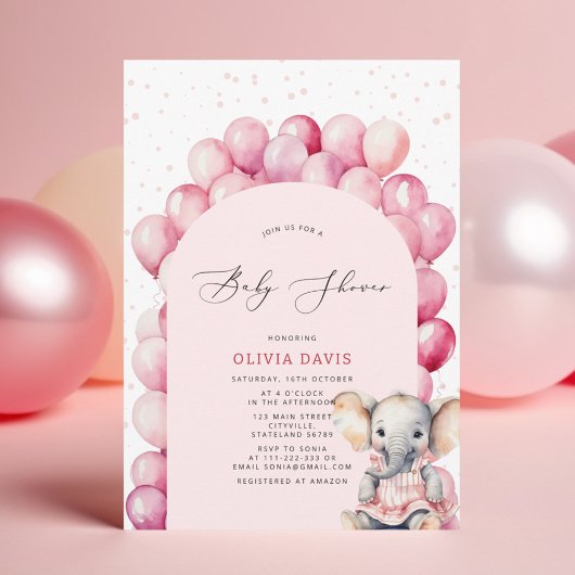 Roze Meisje's Olifant & Balloon Baby shower Kaart