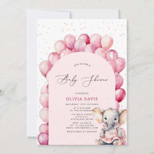 Roze Meisje's Olifant & Balloon Baby shower Kaart (Voorkant)