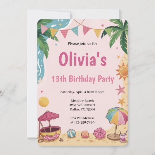 Roze Meisjes Strandfeest Kids Verjaardagsfeestje Kaart (Voorkant)