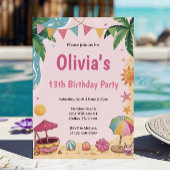 Roze Meisjes Strandfeest Kids Verjaardagsfeestje Kaart