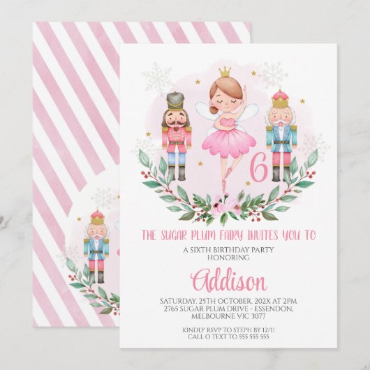 Roze meisjes Sugar Plum Fairy Birthday Invitation Kaart (Voorkant / Achterkant)