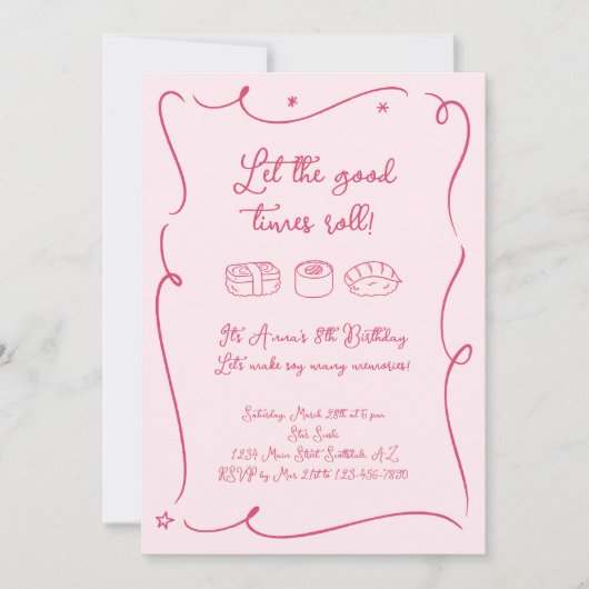 Roze Meisjes Sushi Uitnodiging (Voorkant)