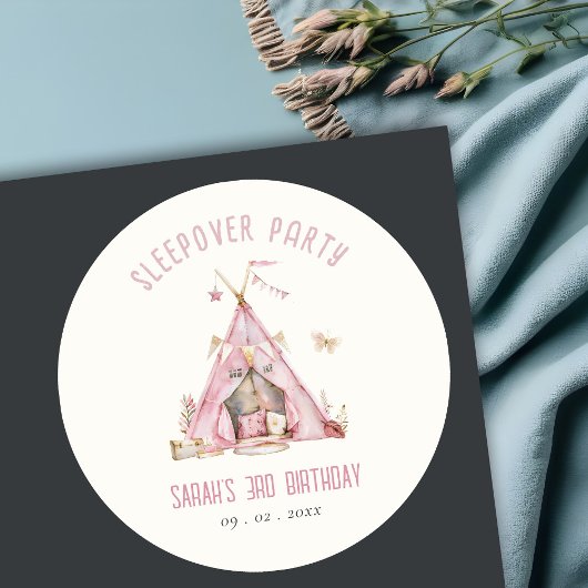 Roze Meisjes Tent Sleepover Slumber Verjaardagsfee Ronde Sticker