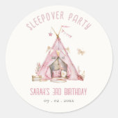 Roze Meisjes Tent Sleepover Slumber Verjaardagsfee Ronde Sticker (Voorkant)