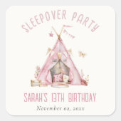 Roze Meisjes Tent Sleepover Slumber Verjaardagsfee Vierkante Sticker (Voorkant)