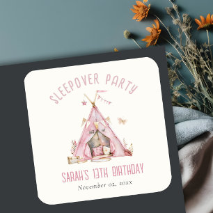 Roze Meisjes Tent Sleepover Slumber Verjaardagsfee Vierkante Sticker
