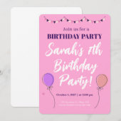 Roze Meisjes Verjaardagsuitnodiging Kaart (Voorkant / Achterkant)