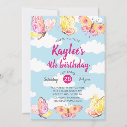 Roze Meisjes Vlinder Verjaardagsfeestje Kaart (Voorkant)