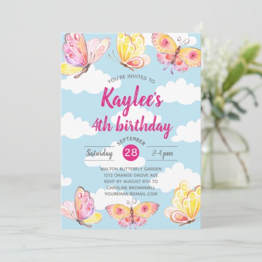 Roze Meisjes Vlinder Verjaardagsfeestje Kaart (Staand voorkant)