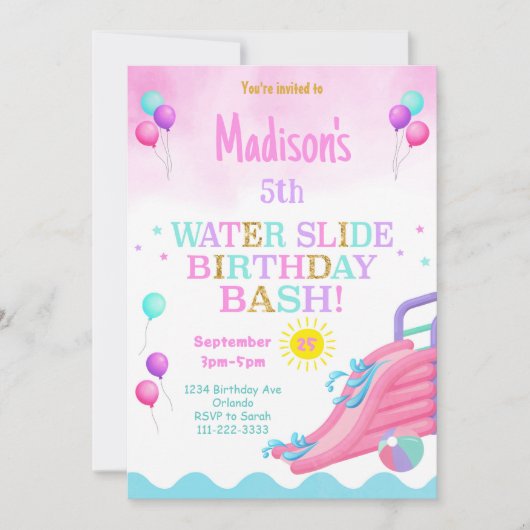 Roze Meisjes Waterslide Verjaardags Bash Uitnodigi Kaart (Voorkant)