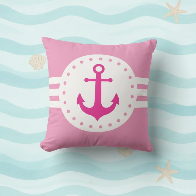 Roze Meisjesachtige Anker Worp Kussen (Girly pink and white nautical anchor throw pillow.)