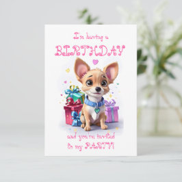 Roze Meisjesachtige Chihuahua Verjaardagsfeestje  Kaart