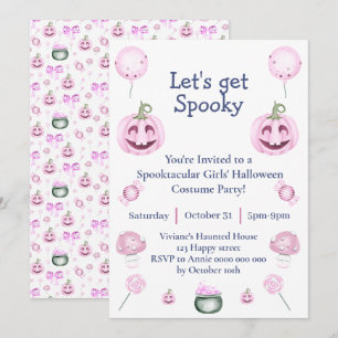 Roze meisjesachtige Halloween-feestuitnodiging Kaart
