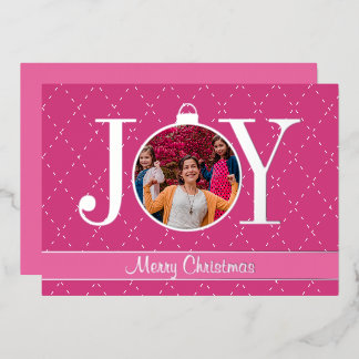 Roze Meisjesachtige JOY Foto Vakantiekaart Folie Feestdagenkaart