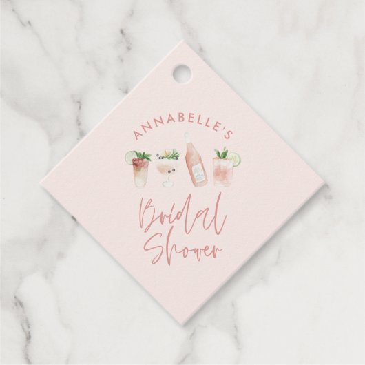 Roze meisjesachtige moderne cocktail script bruids bedankjes labels (Voorkant)