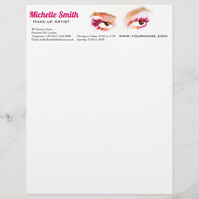 Roze Meisjesachtige Waterverf Oog Make-up Artiest Briefhoofd (Voorkant)