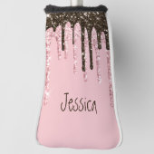 Roze meisjesbling Womens Zwarte Manuscript Glitter Golfheadcover (Draai 90)