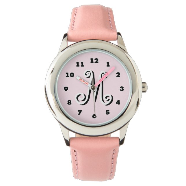 Roze meisjeshorloge | monogram gepersonaliseerde b horloge (Voorkant)