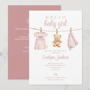 Roze Meisjesklerenlijn Baby Shower All In One Kaart