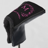Roze meisjesmonogram op zwart golfheadcover (3/4 voorkant)