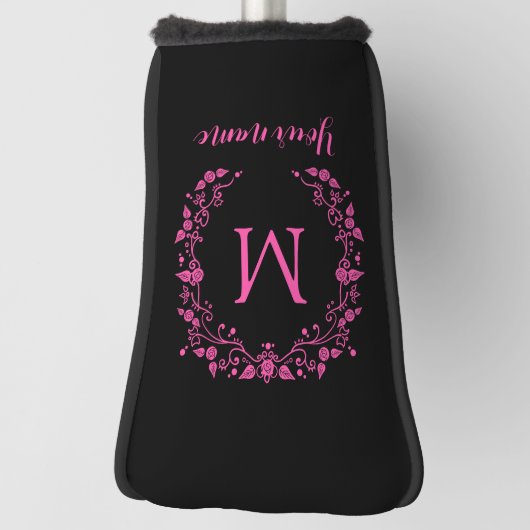 Roze meisjesmonogram op zwart golfheadcover (Draai 90)