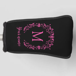 Roze meisjesmonogram op zwart golfheadcover