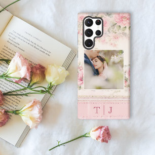 Roze Meisjesrozen met foto & monogram Samsung Galaxy Hoesje