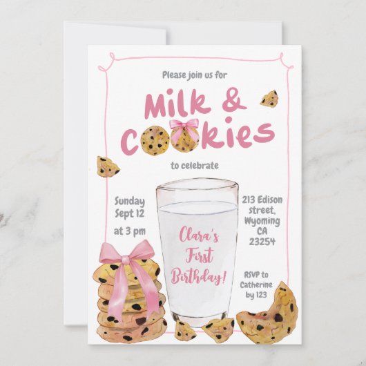 Roze Melk en Cookies Verjaardagsfeest Illustratie Kaart (Voorkant)
