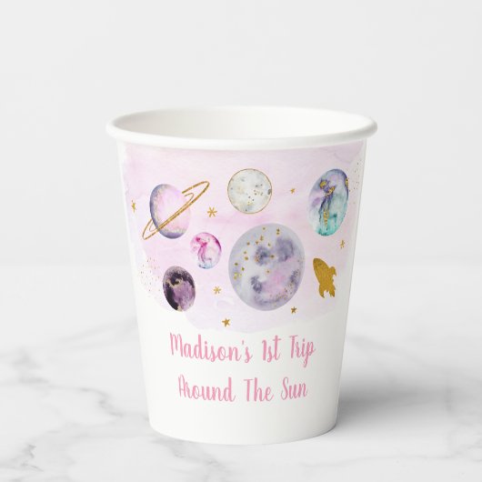 Roze melkweg eerste reis rond de zondag papieren bekers (Achterkant)