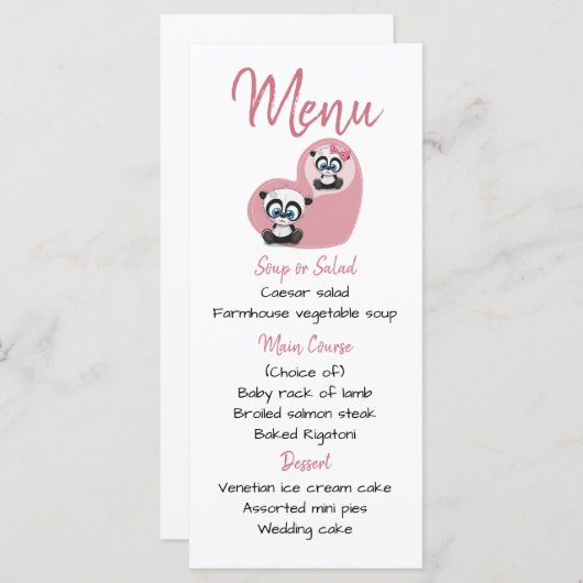 Roze Menu Panda Teddy Bear Hart Wedding Party (Voorkant / Achterkant)