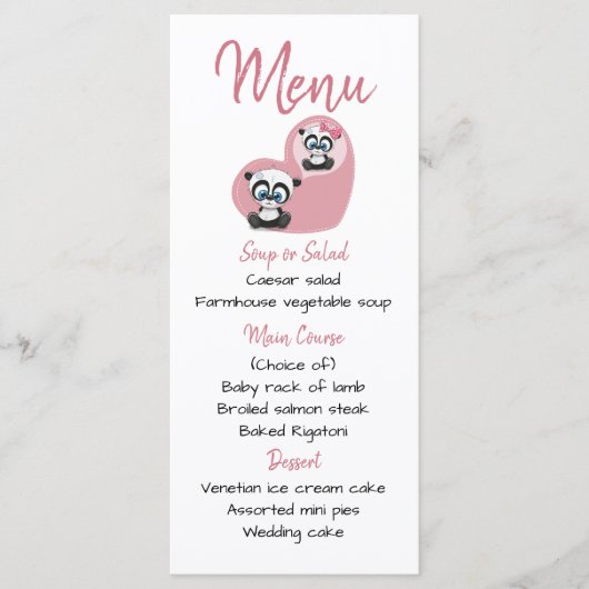 Roze Menu Panda Teddy Bear Hart Wedding Party (Voorkant)