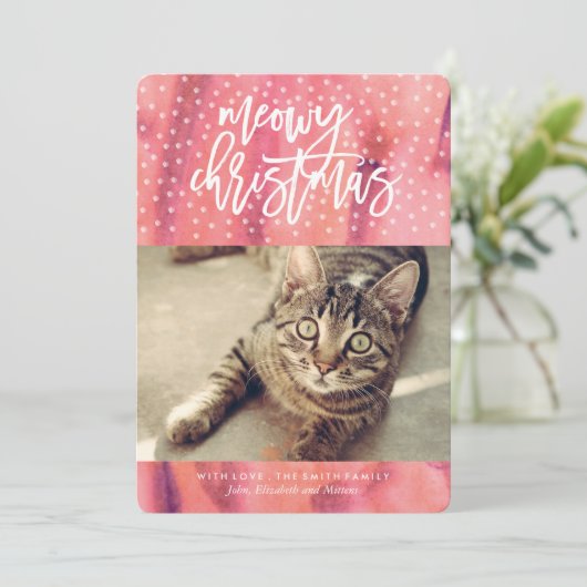 Roze "Meowy Christmas" Huisdier Vakantie Groet Feestdagenkaart (Staand voorkant)