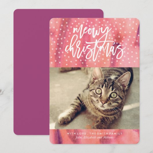 Roze "Meowy Christmas" Huisdier Vakantie Groet Feestdagenkaart (Voorkant / Achterkant)