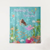 Roze Mermaid Brunette onder Zee Wall Backdrop Wandkleed (Voorkant)