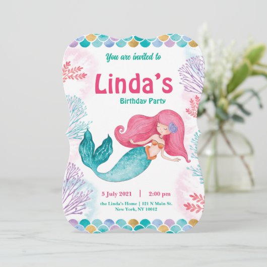 roze mermaid Party Birthday Invitation Kaart (Staand voorkant)