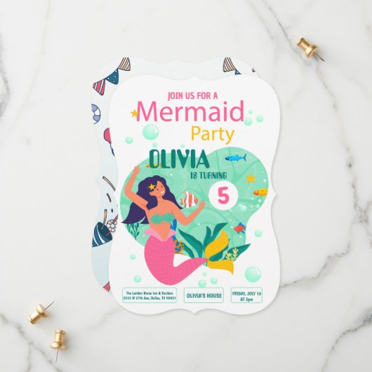 roze mermaid Party Birthday Invitation Save The Date (Voorkant / Achterkant in situ)