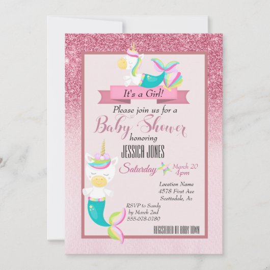 Roze Mermaid Unicorn Sparkle Baby shower nodigt ui Kaart (Voorkant)