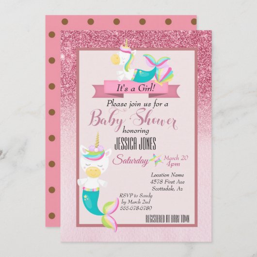 Roze Mermaid Unicorn Sparkle Baby shower nodigt ui Kaart (Voorkant / Achterkant)