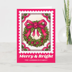 Roze Merry & Bright Kerstkrans Postzegel Feestdagen Kaart