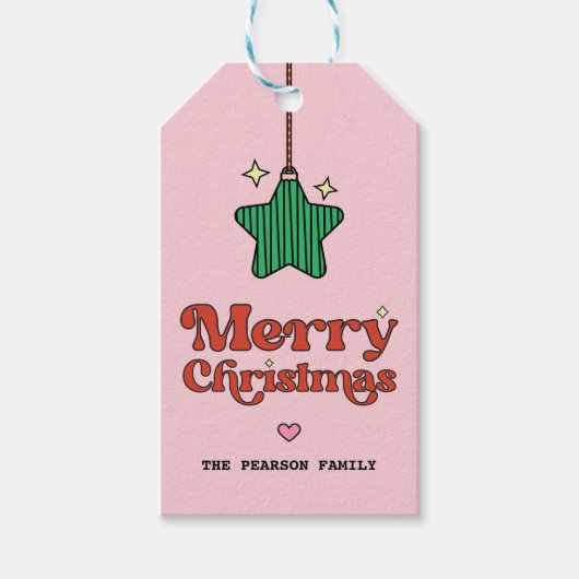 Roze Merry Christmas Line Pattern Star Ornament Cadeaulabel (Voorkant)