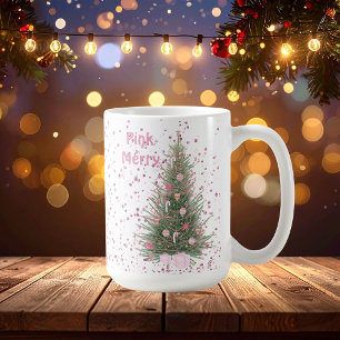 Roze "Merry" Christmas Pink Pine Tree Gepersonalis Koffiemok