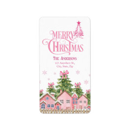 Roze Merry Christmas Village Tree Adresetiketten Etiket