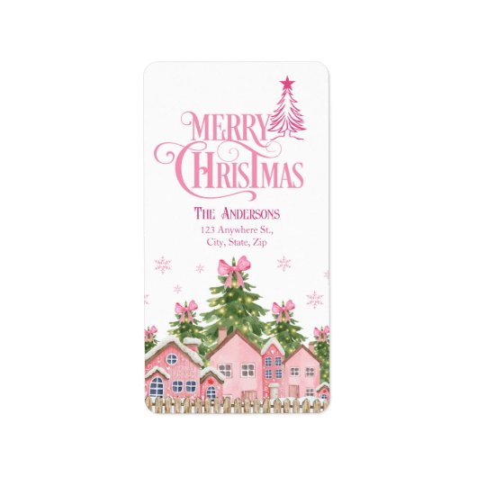 Roze Merry Christmas Village Tree Adresetiketten Etiket (Voorkant)