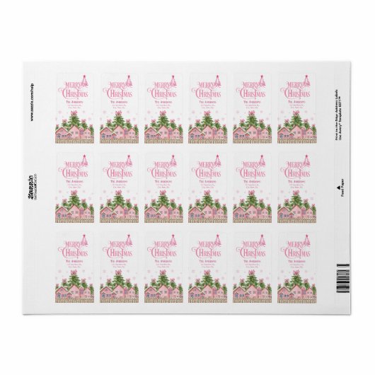 Roze Merry Christmas Village Tree Adresetiketten Etiket (Full Sheet)