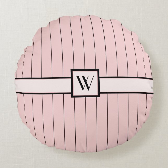 Roze met Black Pinstripes Round Pillow Rond Kussen (Voorkant)